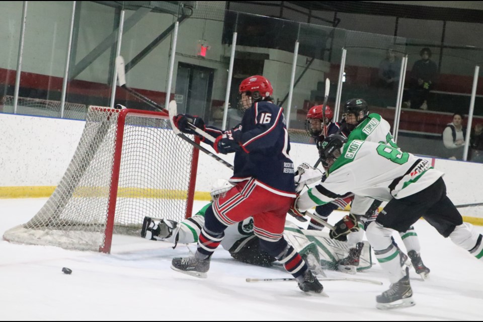 Generals centre Connor Stephenson attacks the Rams net in Game 7 at the Cochrane Arena Feb. 27. The Gens clinched the win 6-1 to move on to the HJHL north final. (Jessica Lee/The Cochrane Eagle)