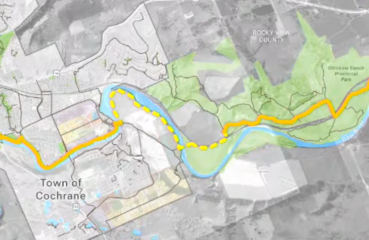 The yellow dotted line shows the one-kilometre stretch that will connect Cochrane to the Glenbow Ranch Provincial Park.