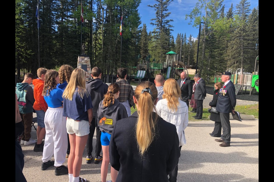 Students from Banded Peak School joined in marking the 8oth anniversary of D Day in Bragg Creek Thursday.