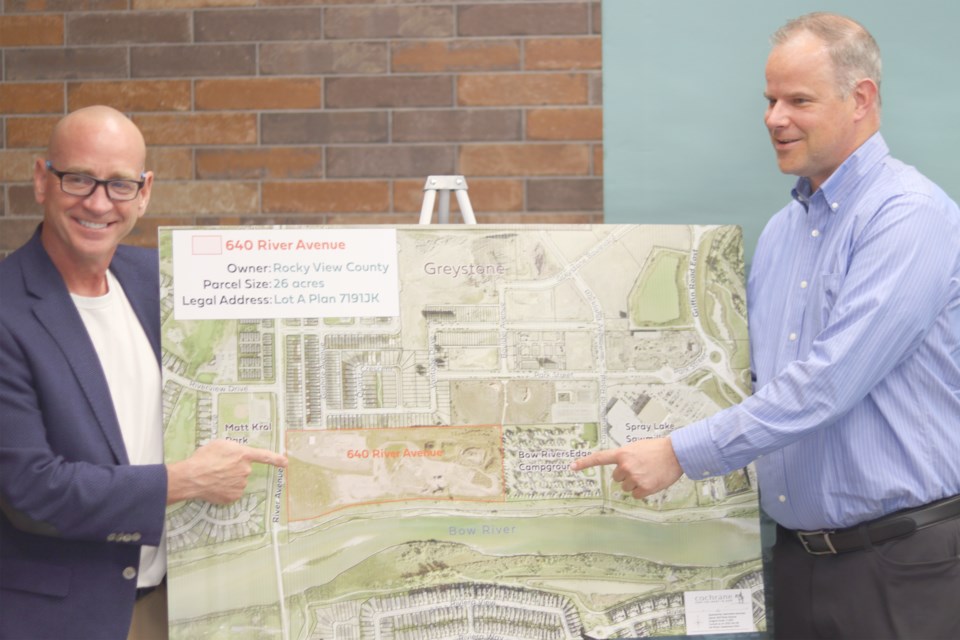Mayor Jeff Genung (left) and Executive Director, Development & Infrastructure Services Drew Hyndman (right) revealing the location of the land parcel. 