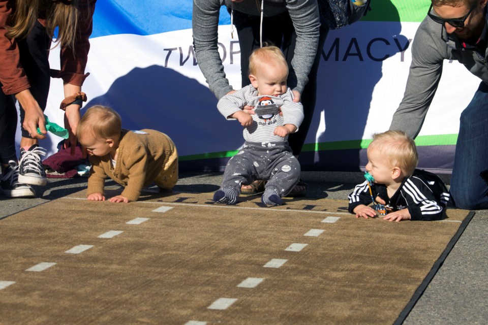Babies convene at the starting line for one of the races at the Two Pharmacy Diaper Derby on Saturday.