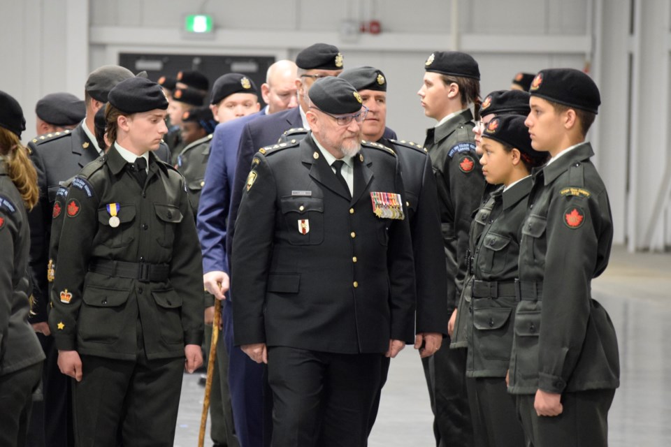 Lieutenant Colonel Colonel Terry Larson inspecting the 2512 Kings Own Army Cadet Corps at the Annual Ceremonial Review at Cochrane's SLS Centre on June 21.