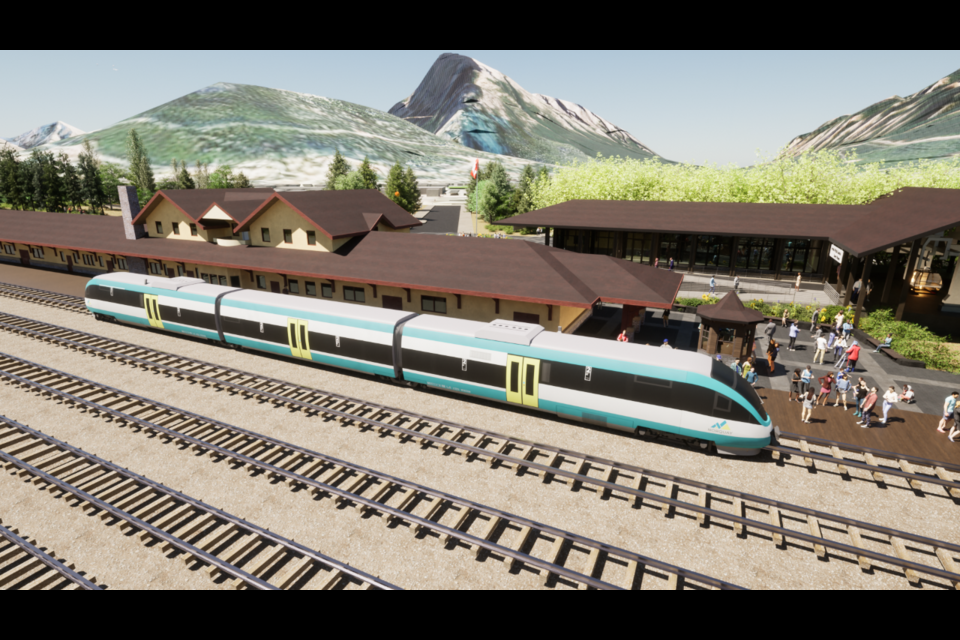 A concept rendering of a hydrogen-powered passenger train stopped at a platform along a line that connects the Calgary International Airport to Banff. (Submitted Photo)