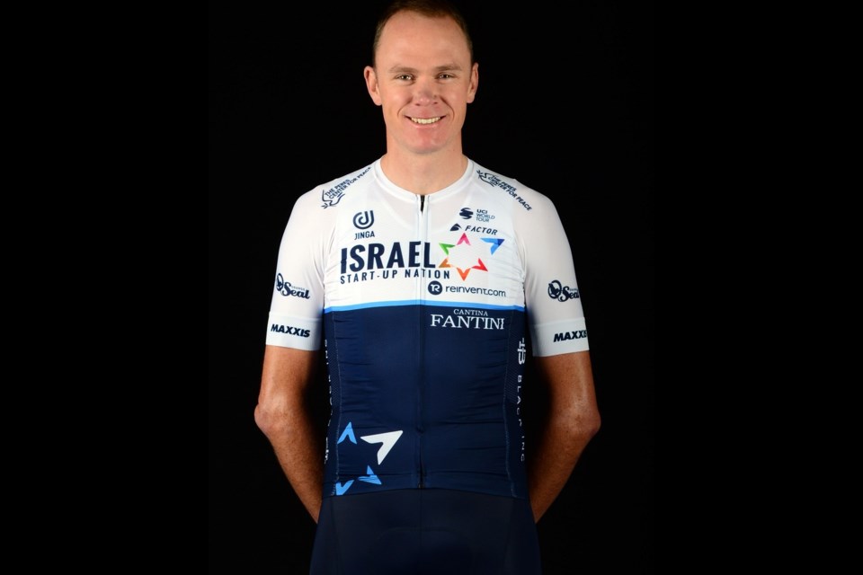 British superstar cyclist and seven-time Grand Tour winner Chris Froome poses for a photo in his Team Israel Start-Up Nation kit. 