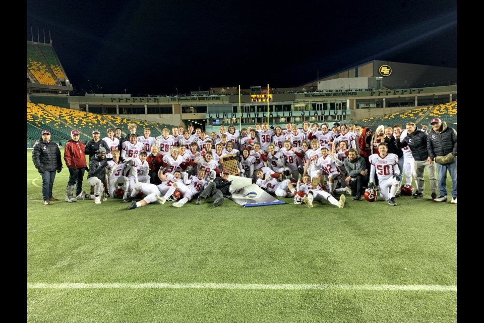 The Cobras pose with their seventh consecutive ASAA Tier III provincial championship at Commonwealth Stadium after beating the Holy Rosary Raiders Nov. 30. (Photo Submitted)