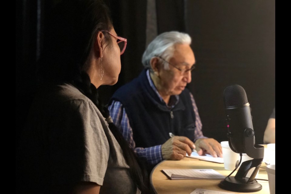 Corleigh Powderface, left, and elder Sykes Powderface work with The Language Conservancy on a project to help preserve and restore the Stoney language among Stoney Nakoda First Nation members. (Photo Submitted/Cherith Mark)