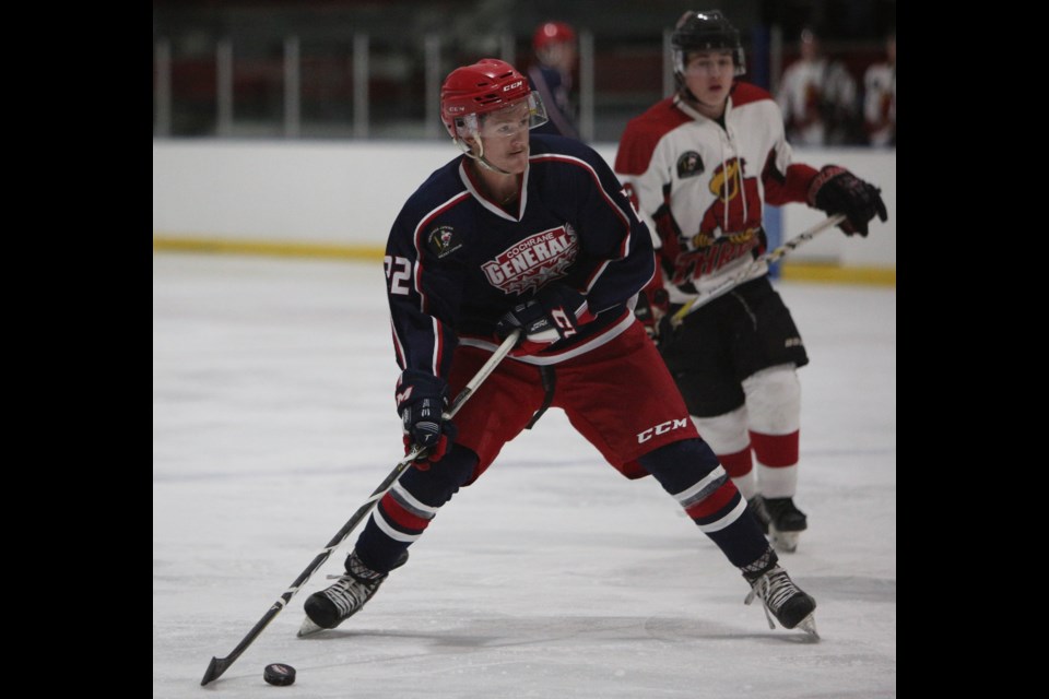The Cochrane Generals face off against the Three Hills Thrashers. In their most recent matchup, the Gens beat the Thrashers 7-4 at the Centennial Place Arena in Didsbury. (File Photo)