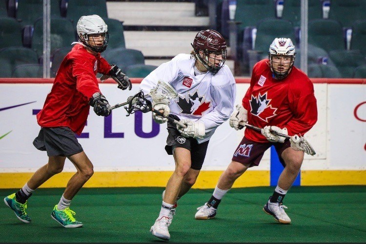 Rockyview Silvertips star foward Nolan Oakey (middle in white) will be suiting up for Canada West at the 2021 IIJL World Junior Lacrosse Championships this month. File photo/Great West Media

Submitted Photo