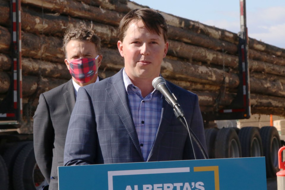 Minister of Agriculture and Forestry, Devin Dreeshen, visited Cochrane on Tuesday (Oct. 5) to discuss the UCP's plans for economic recovery in the province, and the forestry industry's role. (Tyler Klinkhammer/The Cochrane Eagle)