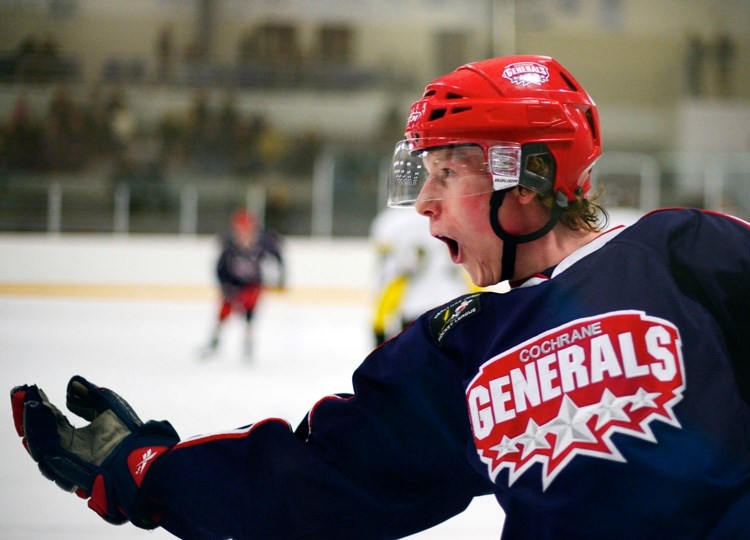 Cochrane Generals forward Talus Hume celebrates his second overtime winner in a week in Cochrane&#8217;s 4-3 win over Strathmore Wheatland Kings on Jan. 31 in Cochrane.