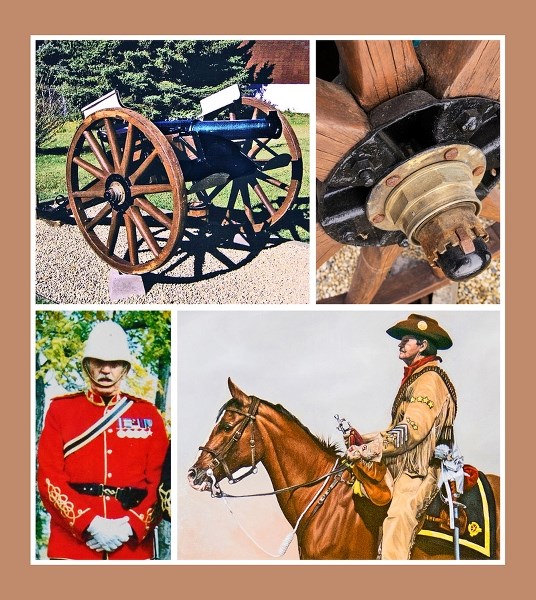 A 9-pounder muzzle-loading rifle, restored by George Rogers (on horseback, from a painting by Darren Haley) and his brother Walter (in red) from a pair of abandoned wheels,