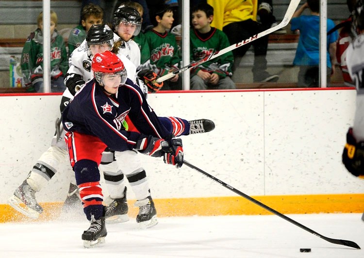 Cochrane Generals forward Corey Goeson works the puck down the ice in Heritage Junior Hockey League regular season-ending play against visiting Medicine Hat Cubs on Feb. 7 at 