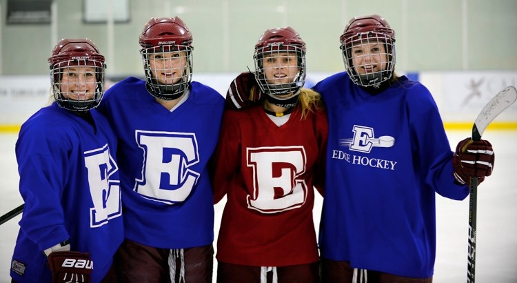 Cochrane-area Edge School Midget Prep girl&#8217;s hockey players (from left) Taylor Sawka, Daria O&#8217;Neill, Channia Alexander and Abby Niewchas are all playing for Team