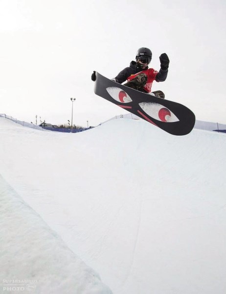 Cochrane snowboarder Noah Maisonneuve sails through the halfpipe at WinSport&#8217;s Canada Olympic Park in Calgary. The 16-year-old wants to make snowboarding his profession.