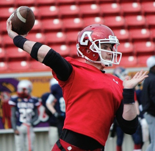 Cochrane High School Cobras senior quarterback Cody Stevens fires a pass at Calgary Jr. Colts tryouts April 24 at McMahon Stadium. Stevens has been invited back to the