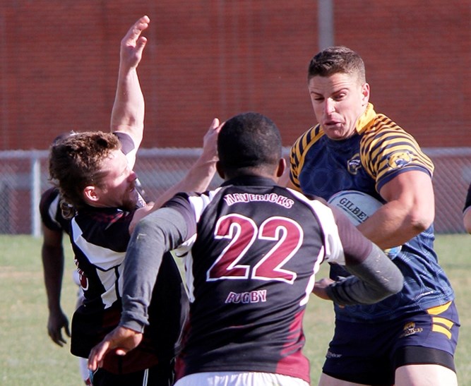 Bow Valley Grizzlies fullback Dave Evans bulls his way up field in Calgary Rugby Union Second Division play at Airdrie Highlanders on May 2. Grizzlies won the inaugural Div.
