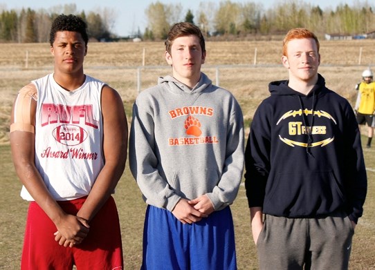 Justin Sambu (from left) Des Catellier and Dan Teitz are on Football Alberta&#8217;s under-18-year-old (U18) provincial football roster for this summer&#8217;s Football