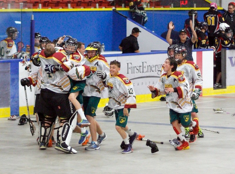 Rockyview Rage mob goalie Ethan Parker after winning the Calgary District Lacrosse Association Midget C league championship in a shootout June 23 in Calgary. Tied 3-3 after