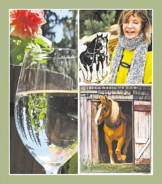 Cochrane artist Gwen Hughes, upper right by vase at Cochrane Farmers&#8217; Market, celebrates her love of horses in painting, and photographs beauty of topsy-turvy world in