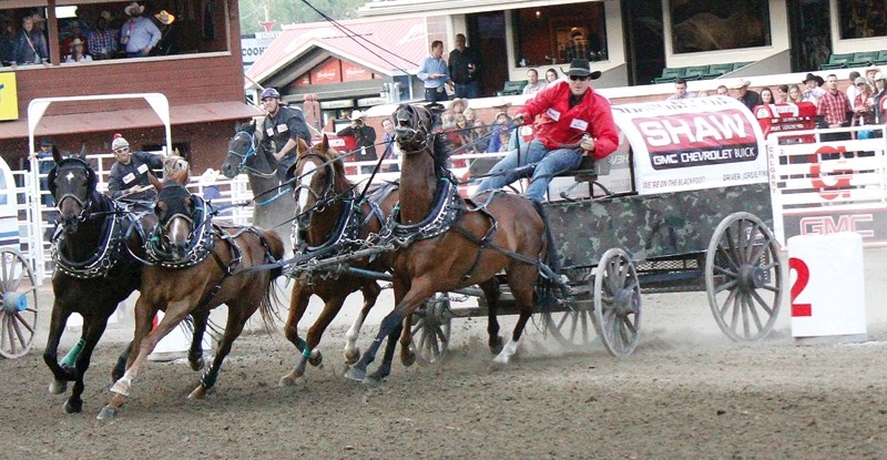 Jordie Fike wheels his team off the 2 barrel at the GMC Rangeland Derby on July 5 in Calgary. The eldest of two Fikes racing wagons in the World Professional Chuckwagon