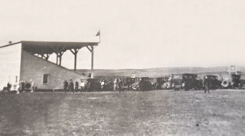 The grandstand at the Cochrane Racetrack from the 1920s.