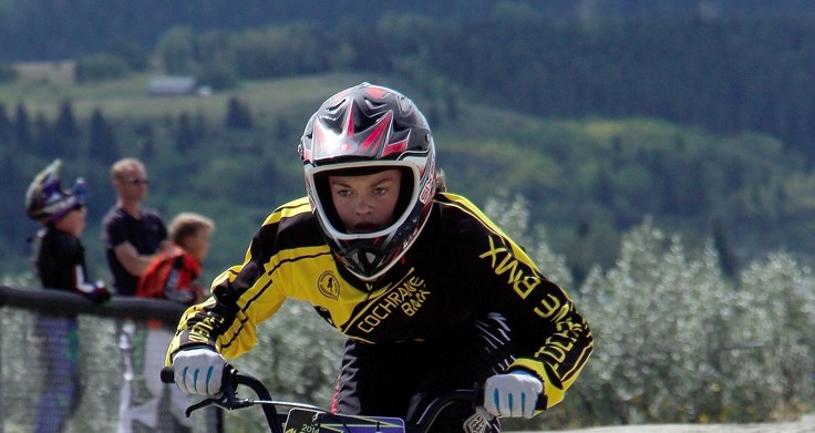 Cochrane BMX Association rider Katie Scott is all alone at the finish line in Alberta BMX Association 12 Novice girl&#8217;s racing Aug. 9 at Cochrane BMX track. The