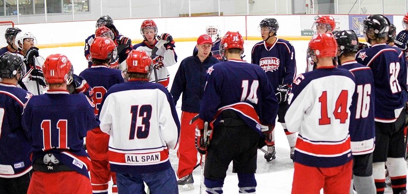 Cochrane Generals head coach Evan McFeeters rallies the troops at the Heritage Junior Hockey League team&#8217;s training camp last summer at Spray Lake Sawmills Family