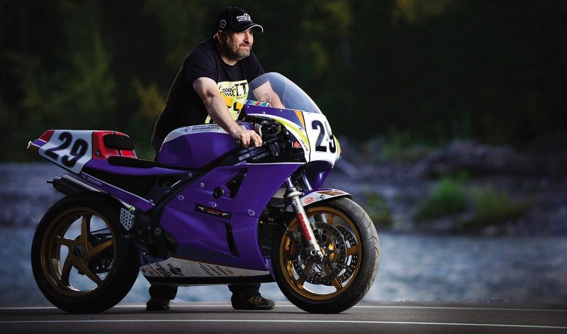 Jon Paskett and his Honda RC30 750cc bike in Bragg Creek Sept. 15. This Honda has raced the Isle of Man twice and is currently the fastest Honda to race in the 750cc category.