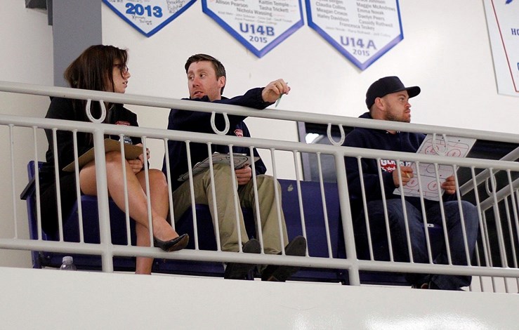 Cochrane Generals general manager Jacqueline Hurlbert (from left), head coach Evan McFeeters and assistant coach Chase Kinch monitor training-camp scrimmage Sept. 12 at Spray 