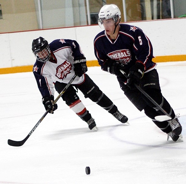 Dawson Javorsky (from left) and Ashton Cox are on Gens&#8217; radar at training camp. Cox, a defenceman, broke his wrist during Sept. 13 intra-squad game after impressing the 