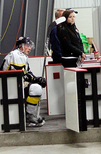 Cochrane Generals general manager Jacqueline Hurlbert works the penalty box during her team&#8217;s Heritage Junior Hockey League preseason game vs. Strathmore Wheatland
