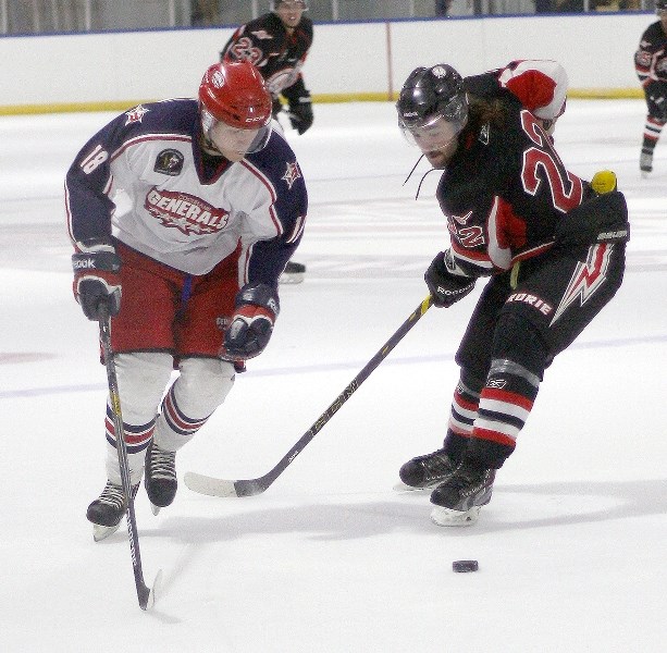 Cochrane Generals forward Connor Rendell works around Airdrie Thunder defenceman Brydon Beston in Heritage Junior Hockey League play Sept. 25 in Airdrie. Generals won 4-2