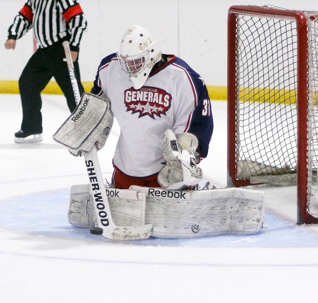 Cochrane Generals goalie Ty Robinson stops the puck in Heritage Junior Hockey League play vs. Airdrie Thunder Sept. 25 in Airdrie. While he&#8217;s been tagged with the No. 1 