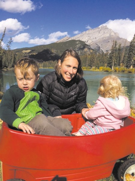 Susanne McArthur in Banff for the Melissa&#8217;s Road Race Sept. 26 with her two children, Reed, three, and Hilary, one.