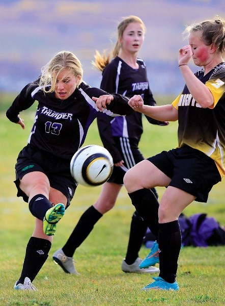 Amber Meyers of the St. Timothy Thunder cranks the ball towards the net on Oct. 7 as Thunder beat Queen Elizabeth Knights 6-0 in Calgary Senior High School Athletic