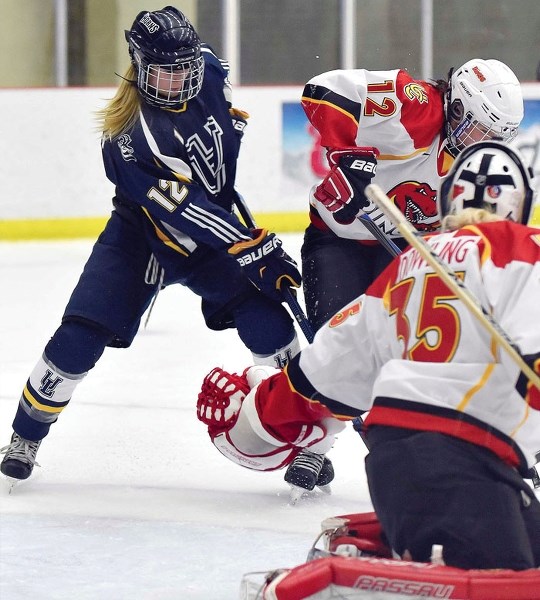University of Lethbridge forward Lauren Fredrich goes for goal in Pronghorns 3-0 victory over University of Calgary Dinos at Canada Olympic Park on Oct. 24. The Cochrane