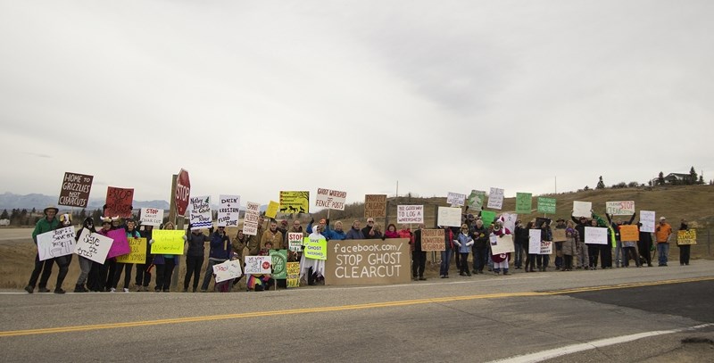 Approximately 70 people, many from Calgary, demonstrated Oct. 31 against clear-cut logging in the Ghost Valley. The group, rallying at the corner of Highway 1A and Highway 40 