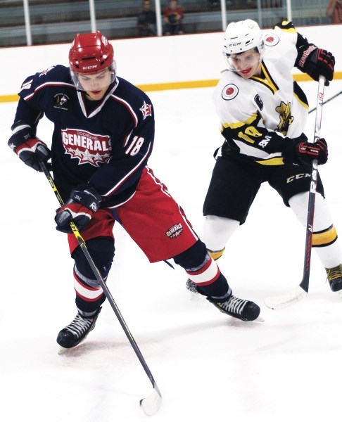 Generals forward Connor Rendell (left) was on fire this past weekend, as he picked up two goals and an assist against Okotoks Bisons and a goal and two assists against