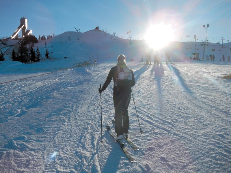 Kylee Toth Ohler leads the way on the ski mountaineering clinic at Canada Olympic Park.