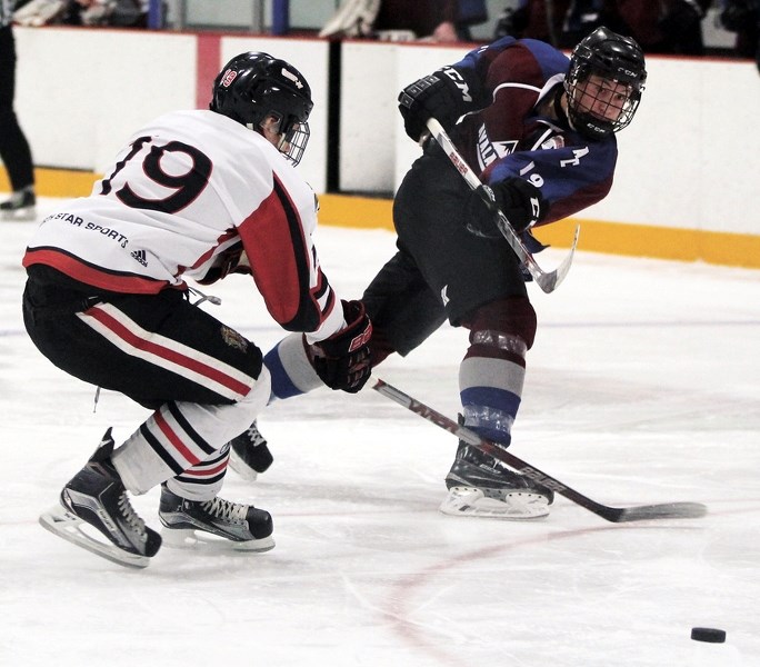 Avalanche forward Cole Reinhardt unloads with a slap shot during his team&#8217;s 3-1 loss to Red Deer Northstar Chiefs on Dec. 13.