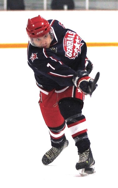 Cochrane Generals captain Craig Packard lets fly during the game against High River Flyers on Jan. 3. The 5-1 wins means that Gens have held onto top spot in the Heritage