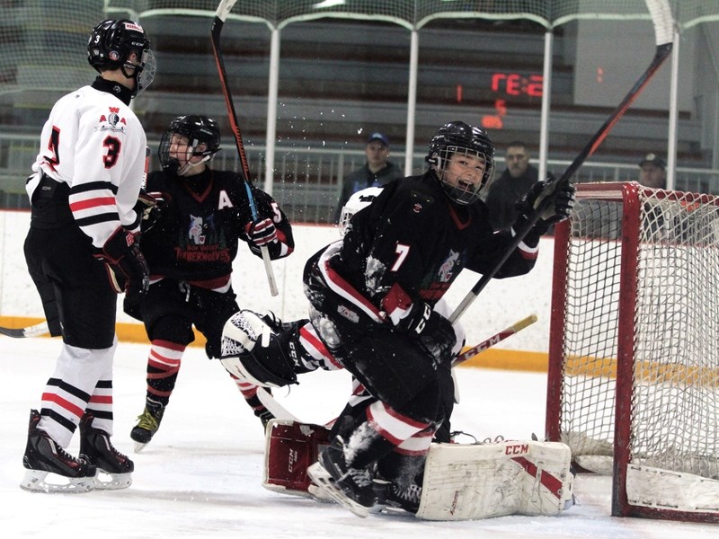 Caleb Willms (#7) and Dean Olenyk (#5) celebrate a goal during the Bow Valley Timberwolves&#8217; 4-3 victory over Wheatland Warriors on Jan. 10, at Spray Lake Sawmills