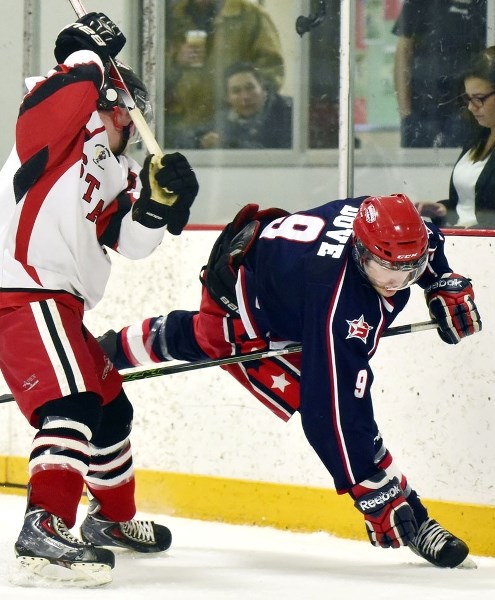 Gens forward Patrick Dove follows through on a bodycheck as the Cochrane Generals beat the Ponoka Stampeders 9-1 on Jan. 16 in HJHL action.