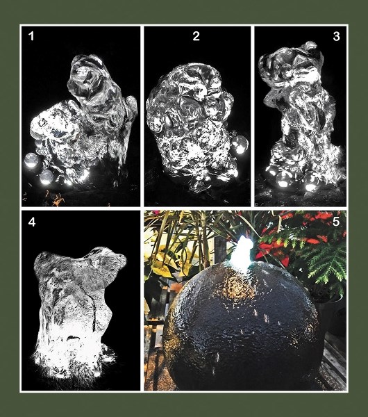 The mini-geyser rising from the concrete sphere fountain at Anything Grows revealed a zoo of crystalline creatures: (1) a dog looking over its shoulder, (2) something cuddly, 