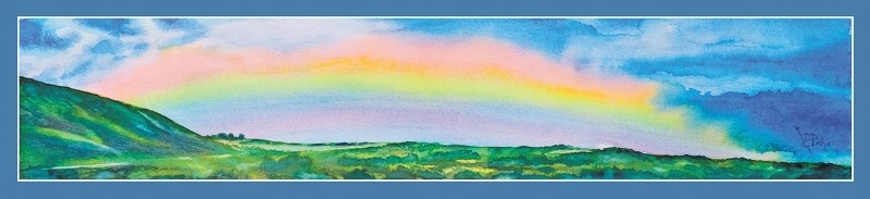 “;Rainbow over Cochrane,”a watercolour by Cochrane artist Dawn Piche, welcomes newly arrived families from Syria with symbol of hope.