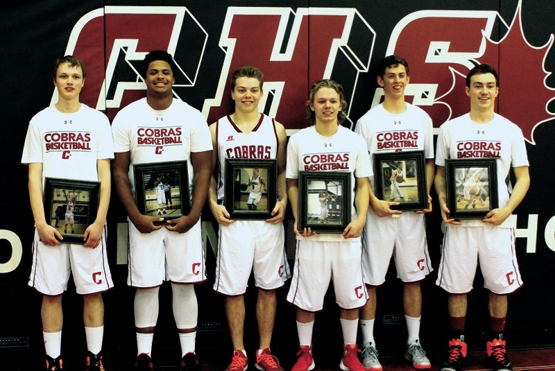 Grade 12 Cochrane High School Cobras senior boys basketball players (left to right): Dylan Janzen, Justin Sambu, Ethan Forrest, Spencer Marchand, Jake Nielson, and Evan