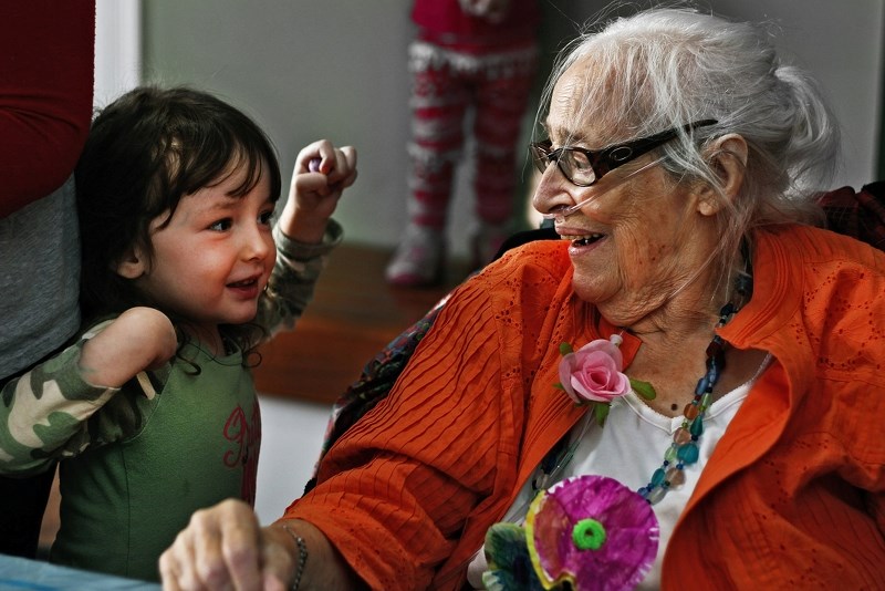 Children at the Future Stars Daycare in Cochrane spend some quality time with some residents from the Bethany Care Centre on Feb. 24.