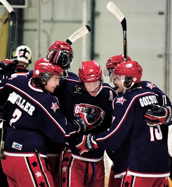The Cochrane Generals celebrate their 11-5 win over Coaldale Copperheads on March 4 at Spray Lake Sawmills Family Sports Centre. The win meant that Gens took a 2-0 series