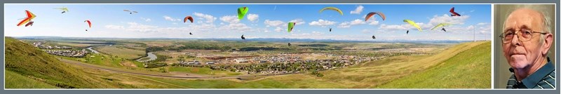 For his 2009 panorama of hang gliders and paragliders above Cochrane&#8217;s Big Hill, John Hall (right) digitally stitched together seven context images and inserted fliers