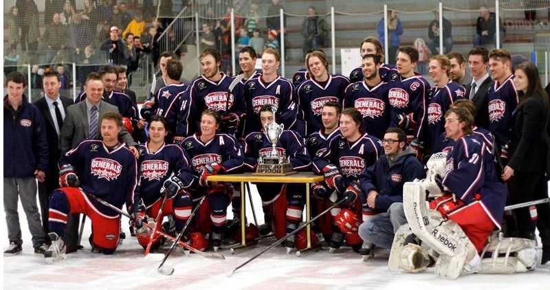 The Cochrane Generals pose with the HJHL Southern Division trophy after defeating the Coaldale Copperheads 6-5 in double-overtime on March 11 in Cochrane. The Gens won the